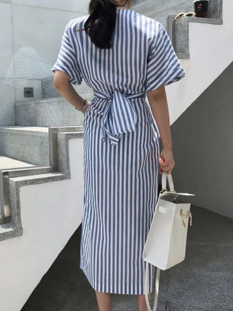 Temperament Striped Short Sleeve Midi Dress