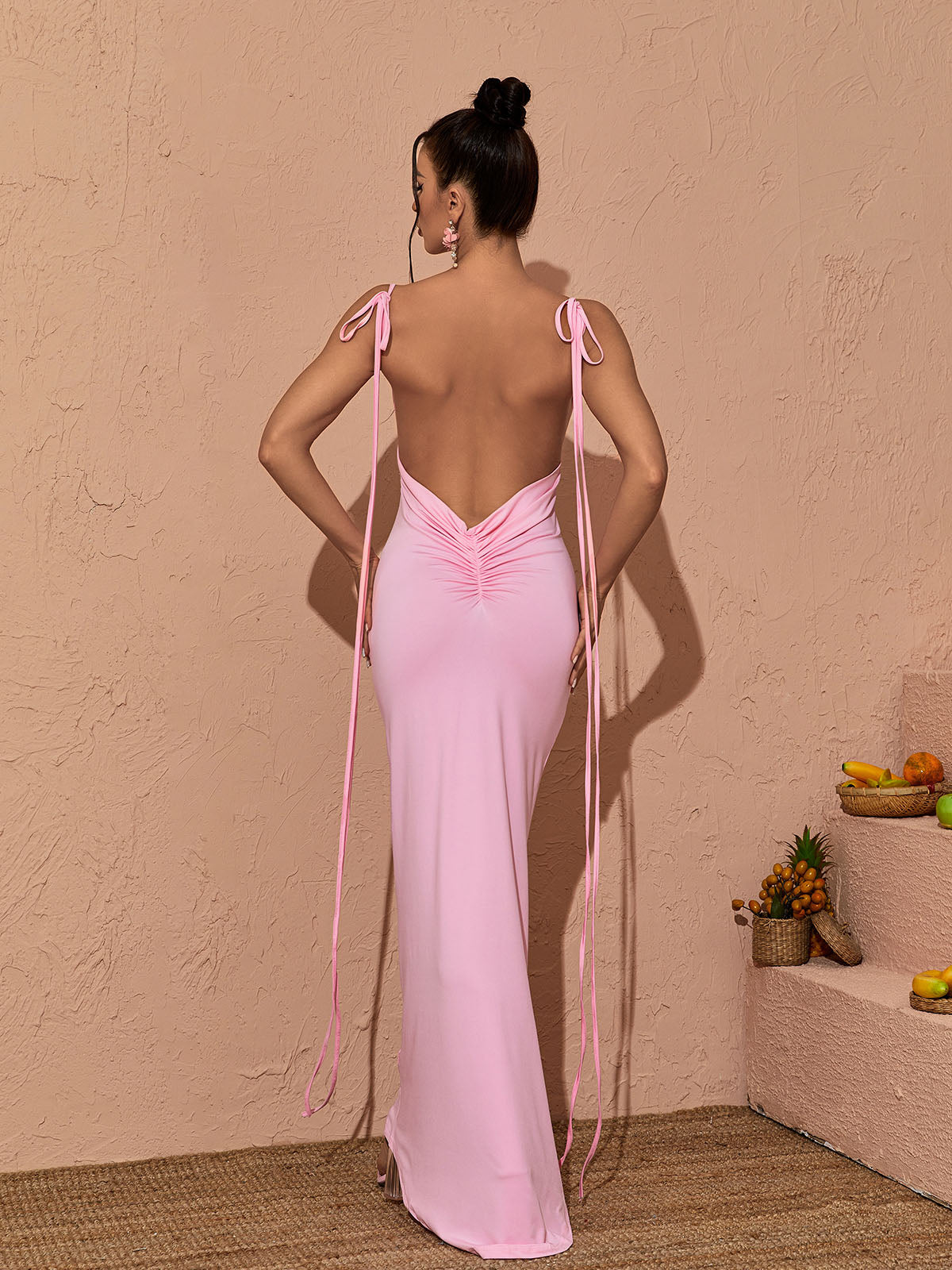 Tie Strap Backless Ruched Slip Mermaid Maxi Gown