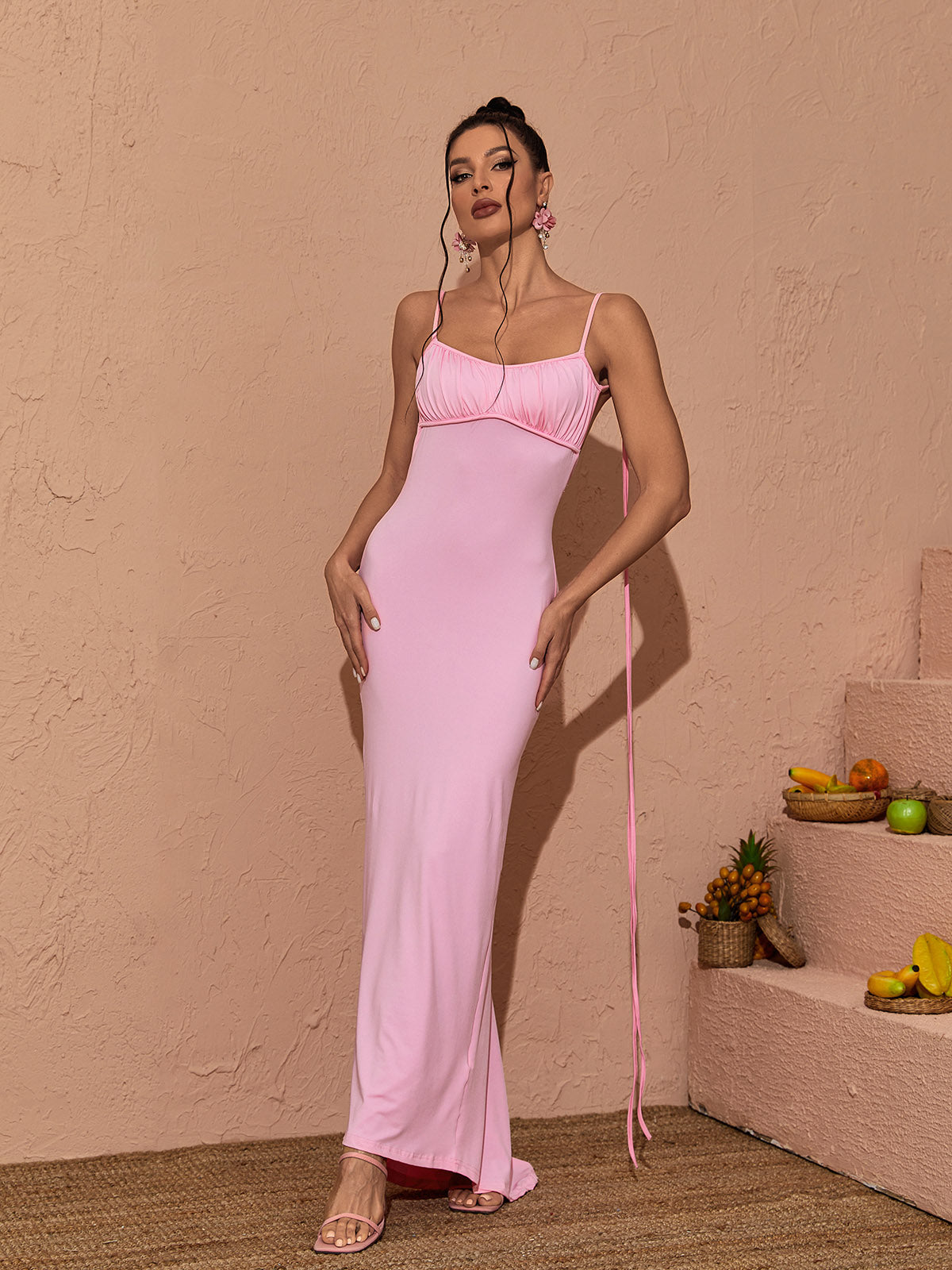 Tie Strap Backless Ruched Slip Mermaid Maxi Gown