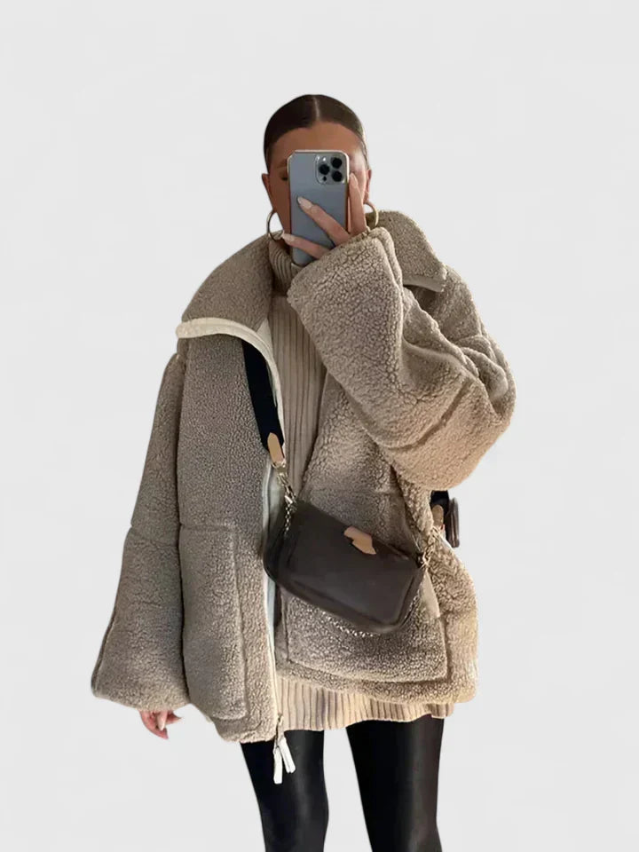 Stand Collar Zip-Front Patch Pocket Sherpa Teddy Jacket
