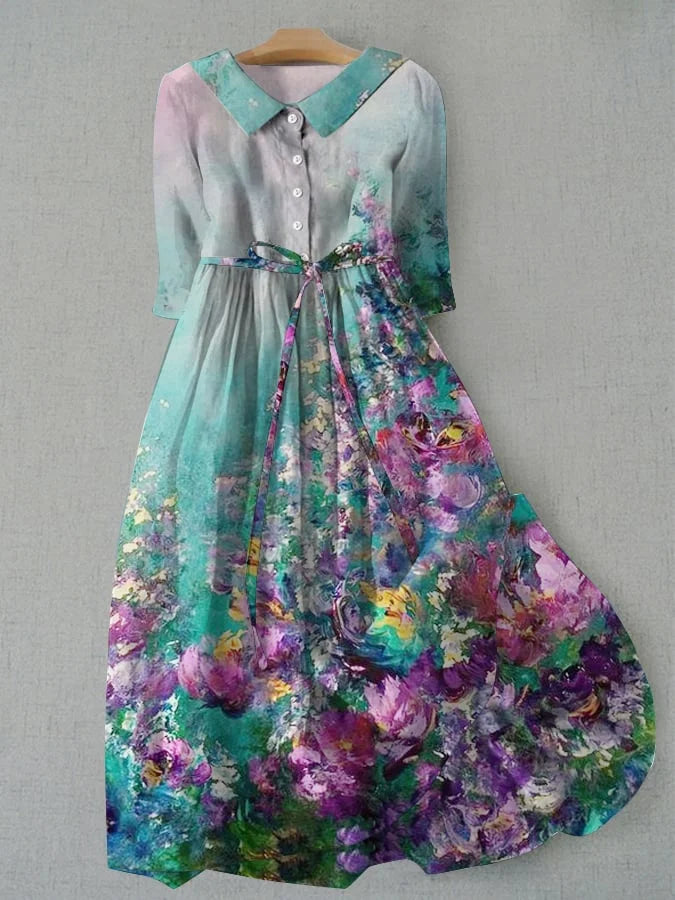 Collared Watercolor Floral Belted Button Front A-Line Midi Dress