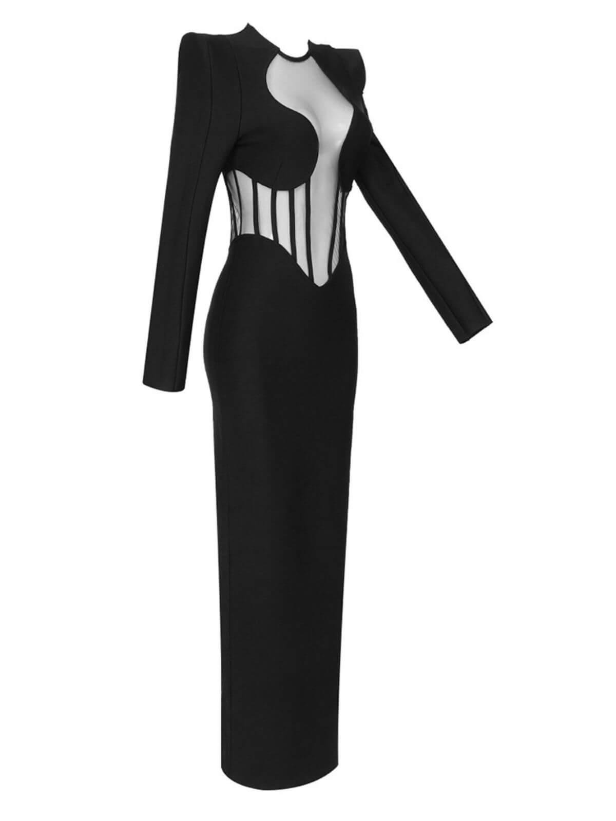 Long Sleeve Mesh Illusion Corset Bandage Bodycon Maxi Dress