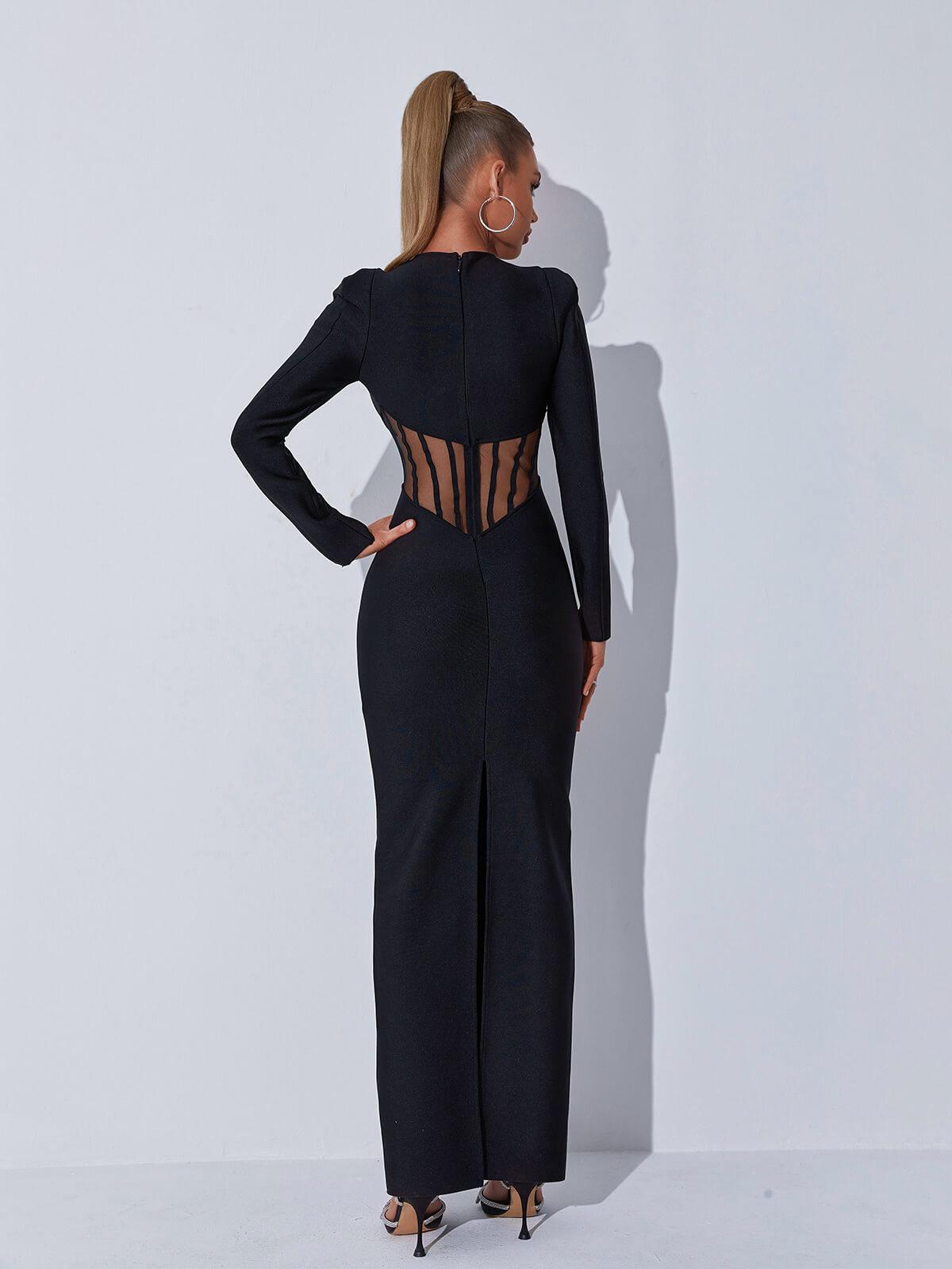 Long Sleeve Mesh Illusion Corset Bandage Bodycon Maxi Dress