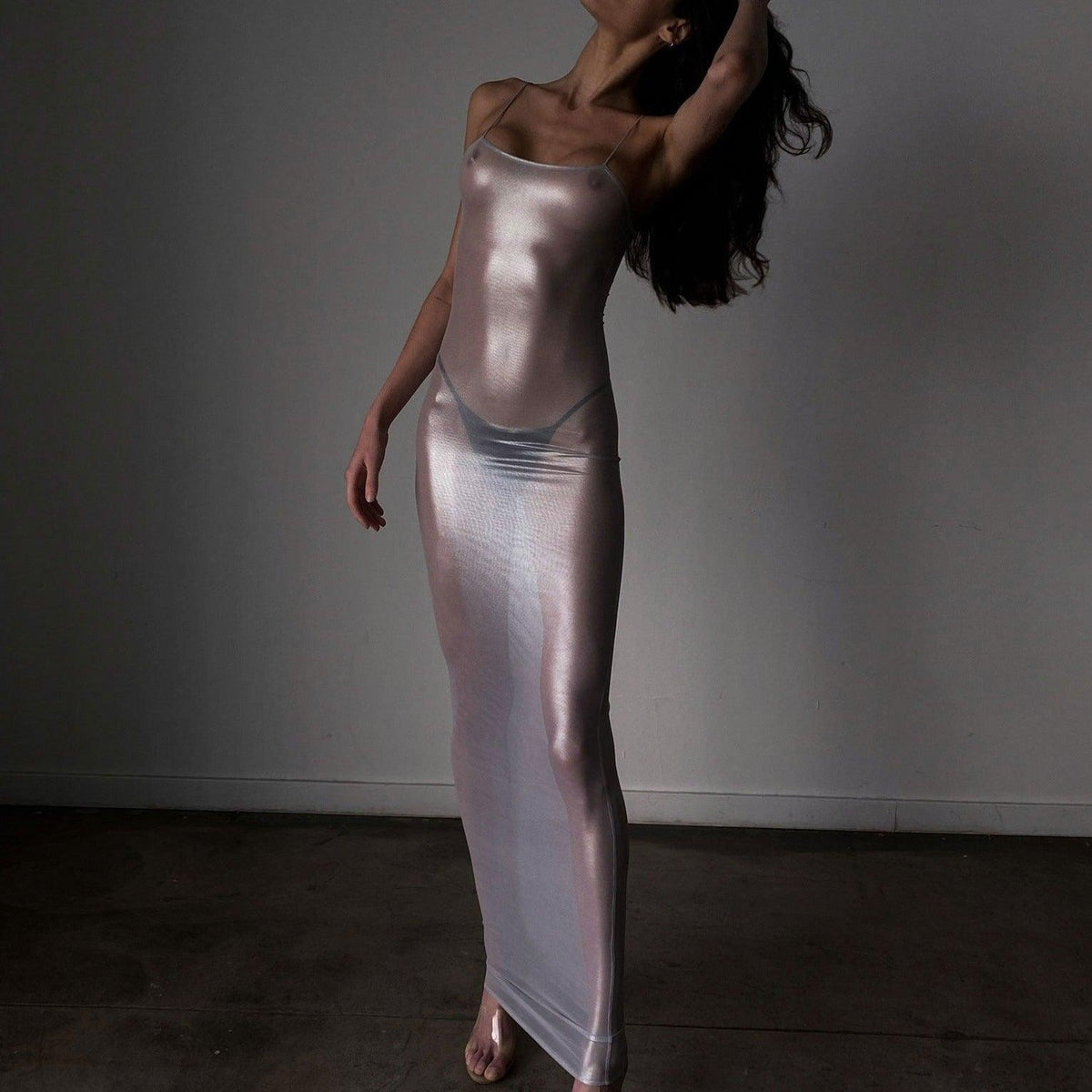 Silver Spaghetti Strap Sheer Metallic Mesh Bodycon Maxi Dress 4