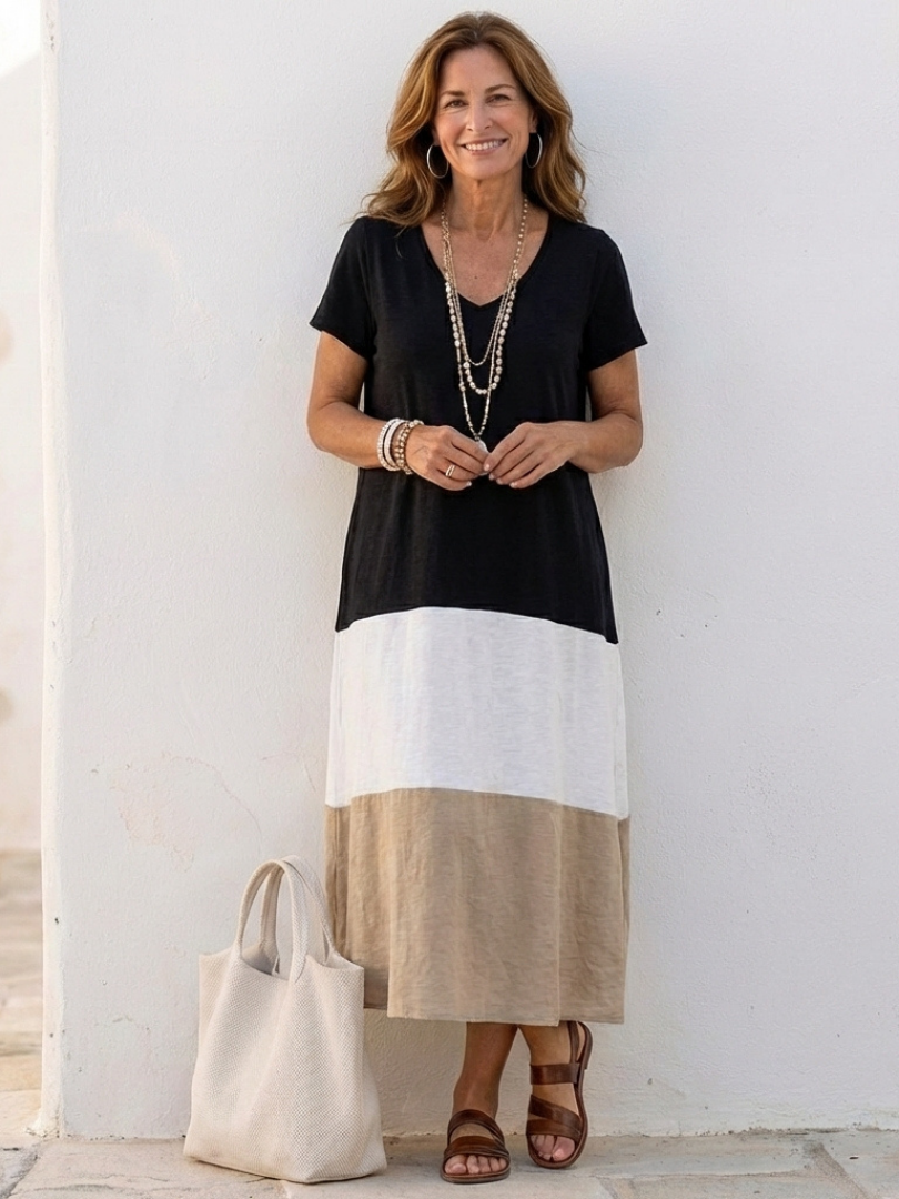 V-Neck Color Block Short Sleeve Jersey A-Line Maxi Dress