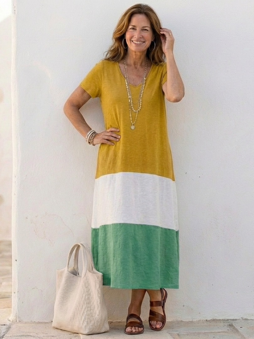 V-Neck Color Block Short Sleeve Jersey A-Line Maxi Dress