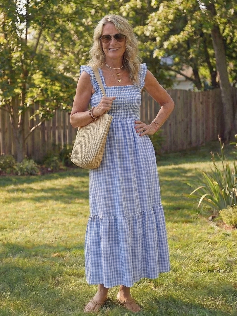 Square Neck Ruffle Strap Gingham Smocked Tiered Maxi Dress 4