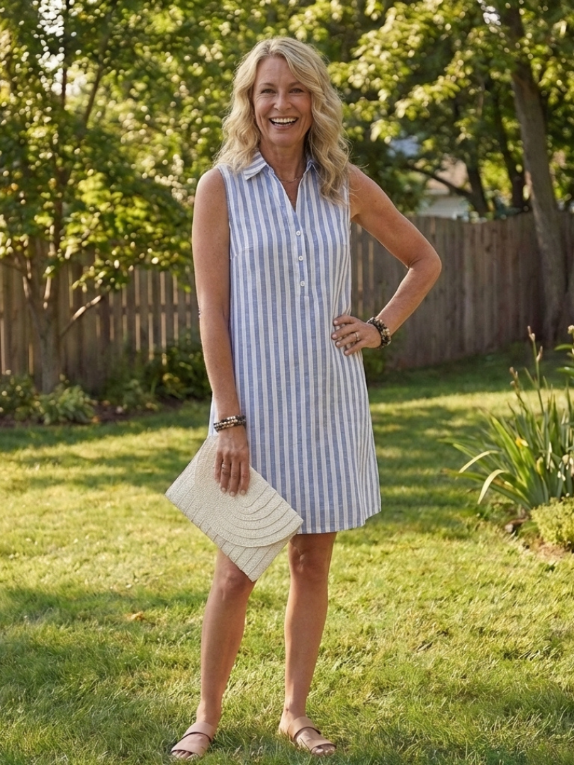 Collared Sleeveless Striped Button Front Shirt Mini Dress 2
