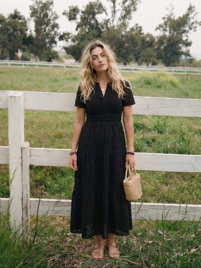 Notch Neck Eyelet Short Sleeve Smocked Waist Tiered Midi Dress