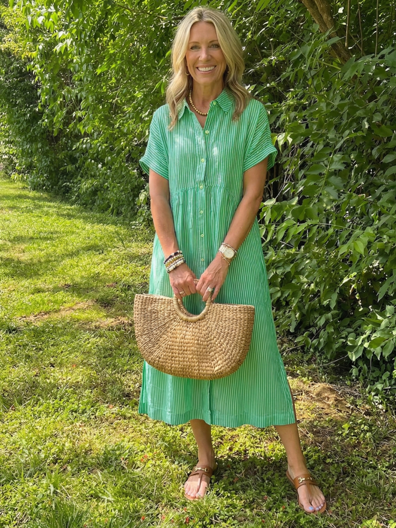 Collared Striped Button Front Short Sleeve Shirt Maxi Dress 2