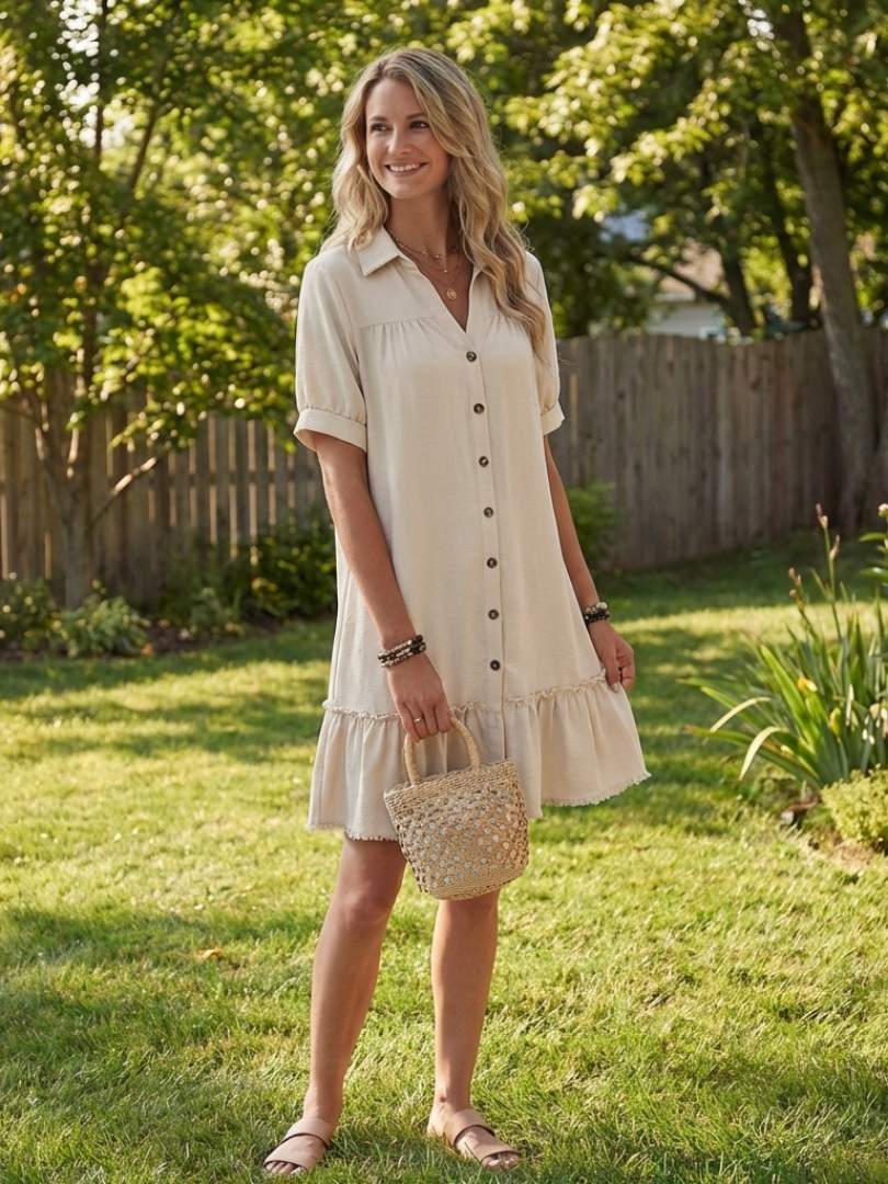 Collared Button Front Short Sleeve Ruffle Hem Shirt Dress