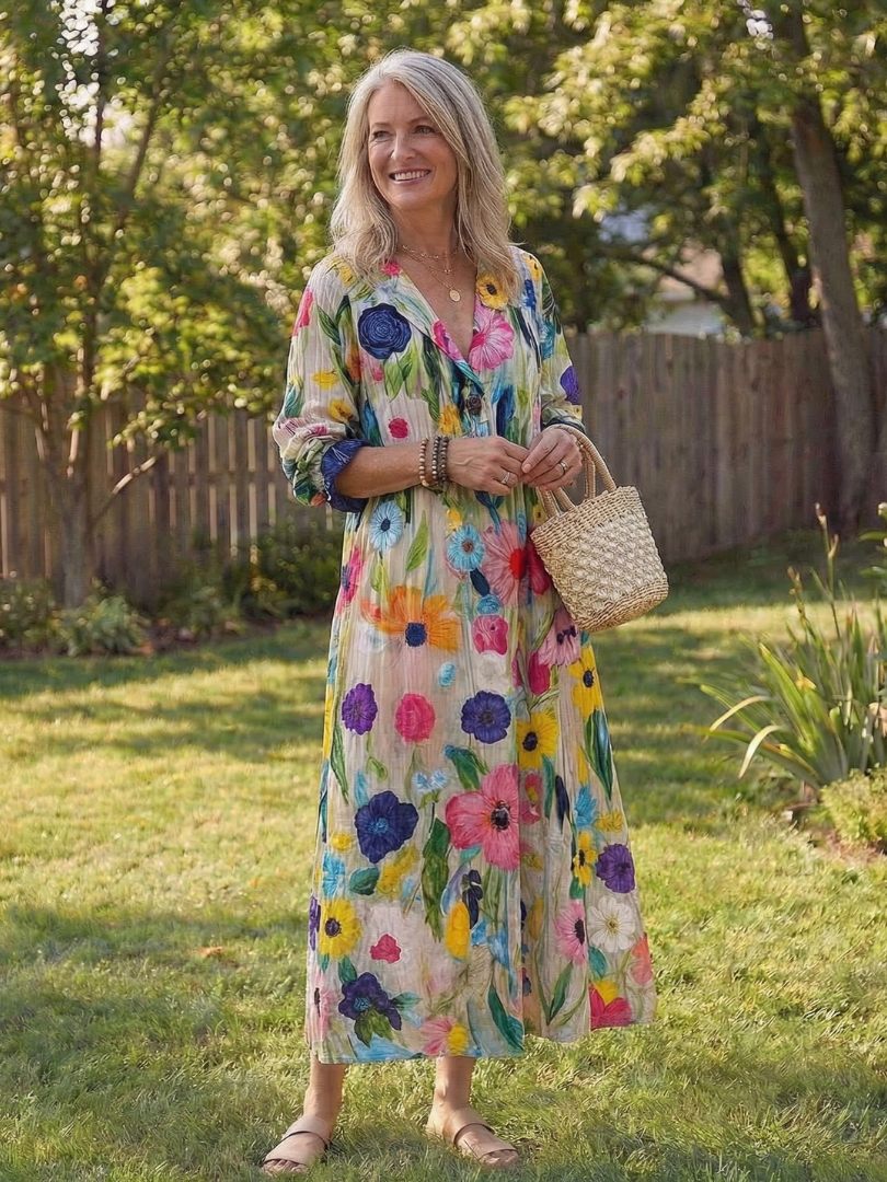 V-Neck Long Sleeve Floral Print Button Front Boho Maxi Dress