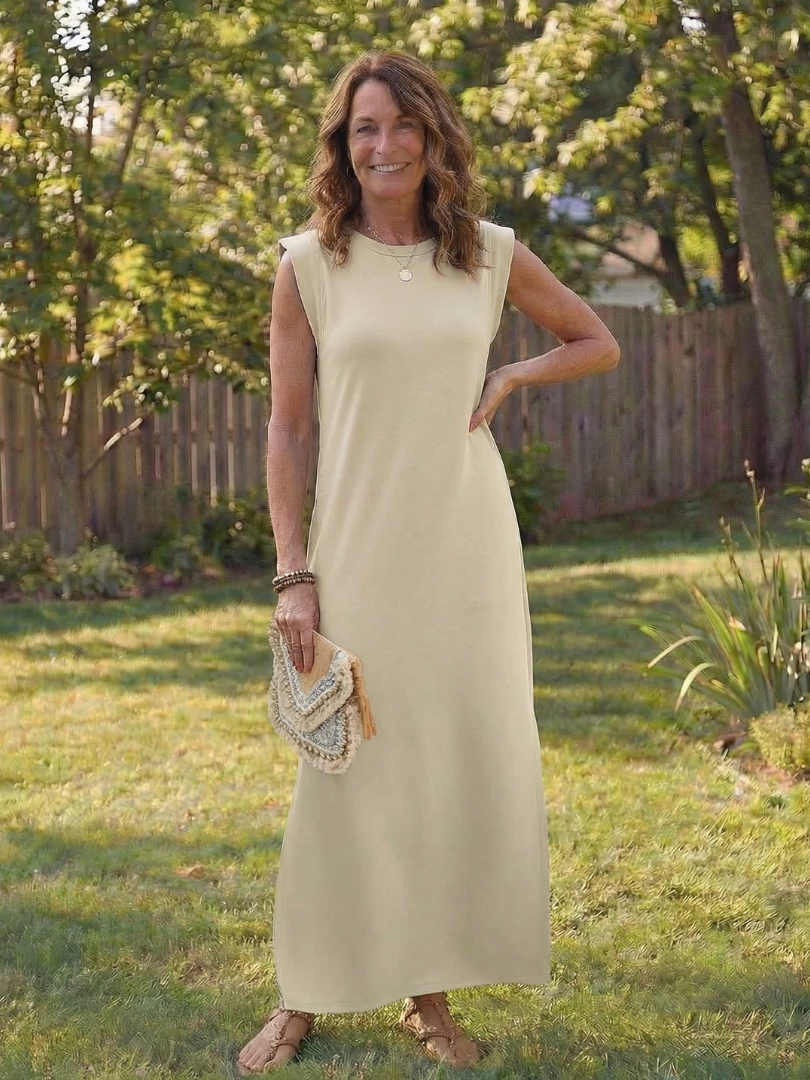 Round Neck Sleeveless Side Slit Column Maxi Dress