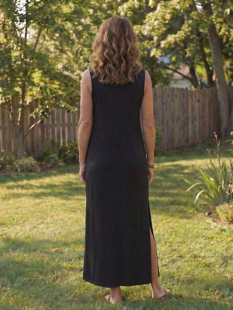 Round Neck Sleeveless Side Slit Column Maxi Dress