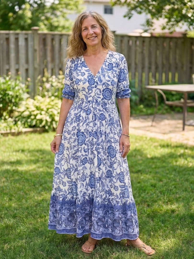 V-Neck Floral Print Short Sleeve Button Front Tiered Maxi Dress