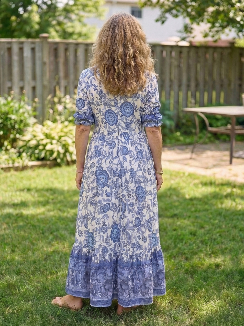 V-Neck Floral Print Short Sleeve Button Front Tiered Maxi Dress