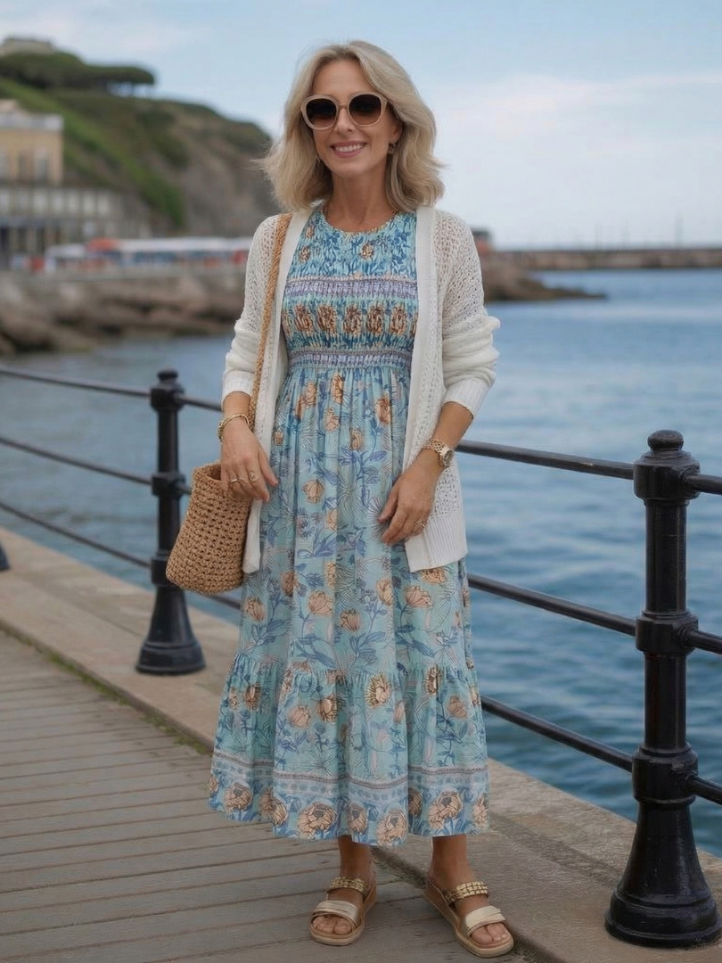 Floral Round Neck Half Sleeve Smocked Floral Print Tiered Midi Dress