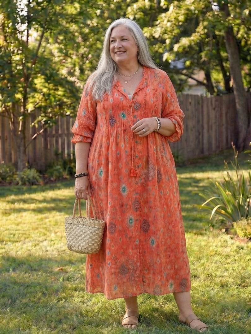 V-Neck Long Sleeve Floral Print Button Front Boho Maxi Dress
