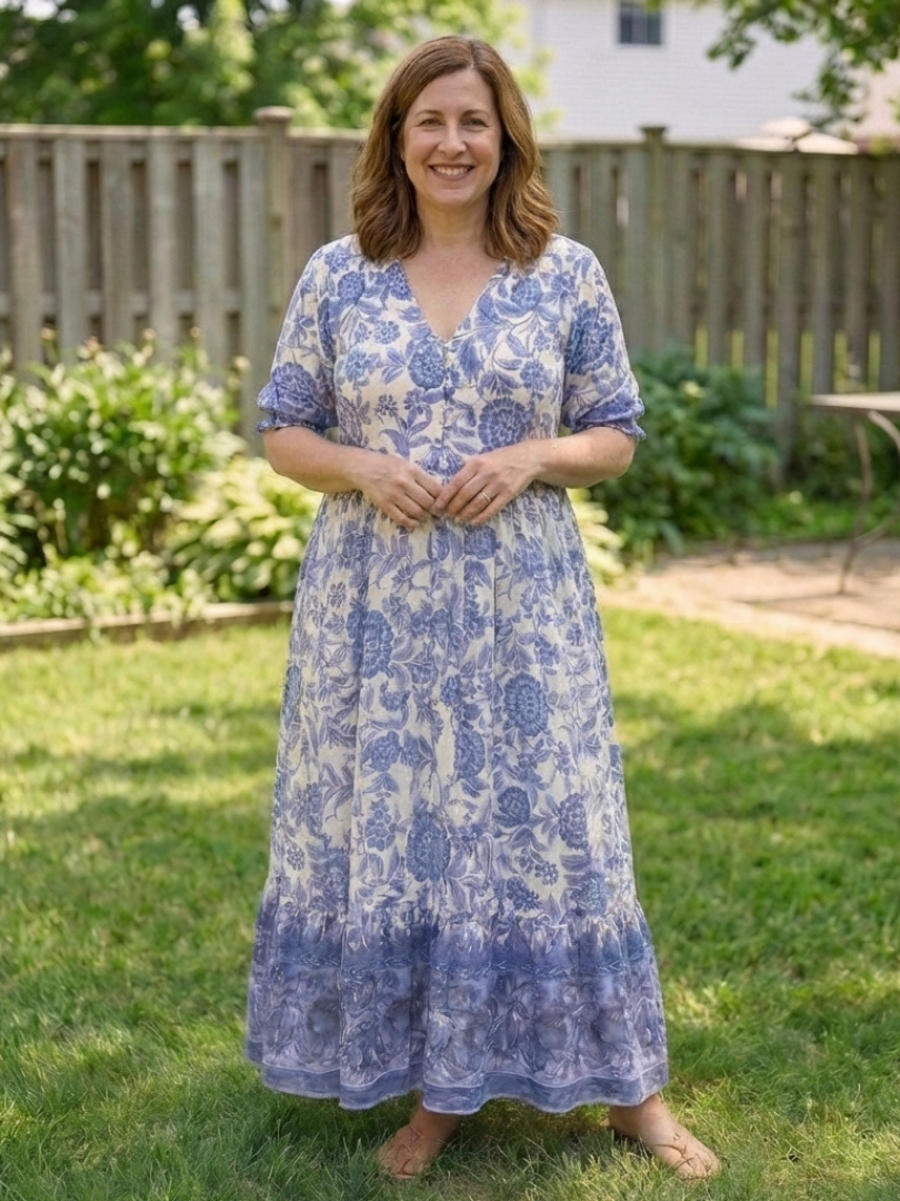 V-Neck Floral Print Short Sleeve Button Front Tiered Maxi Dress