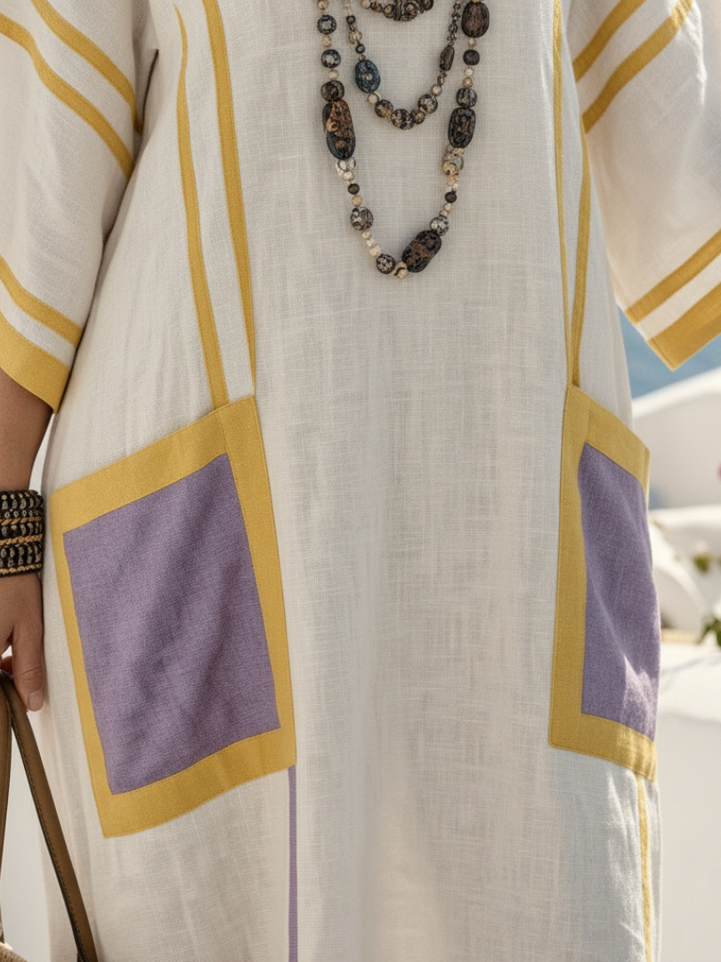Striped V-Neck Contrast Stripe Patch Pocket Kaftan Maxi Dress