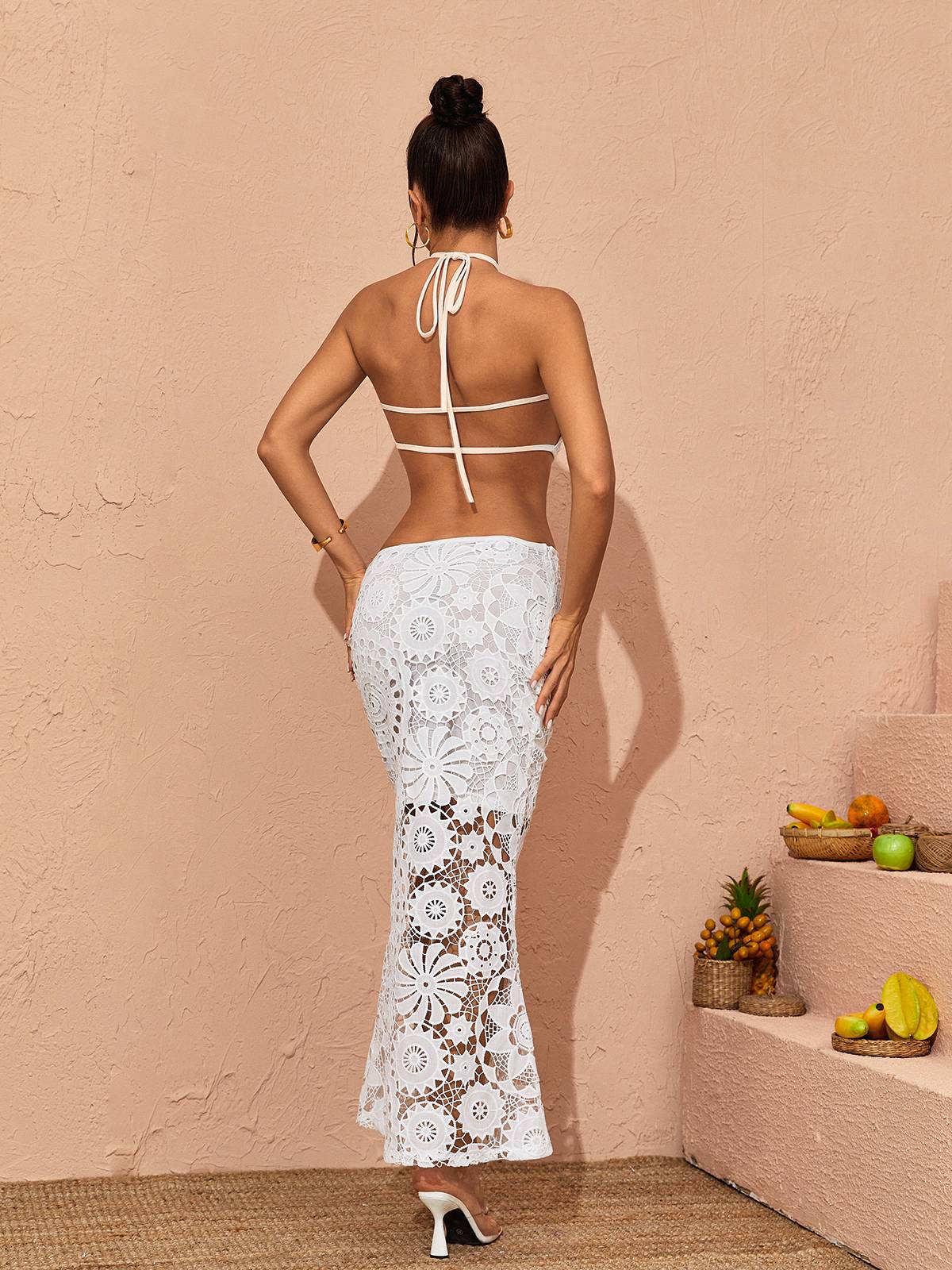 Halter Neck Crochet Lace Cutout Mermaid Maxi Dress