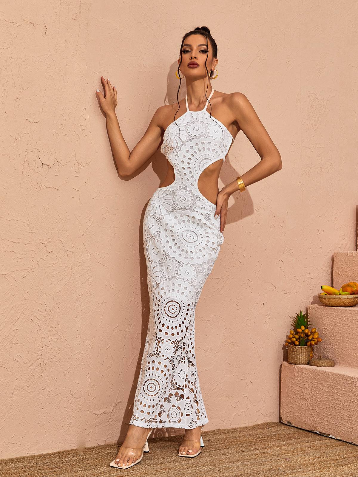 Halter Neck Crochet Lace Cutout Mermaid Maxi Dress