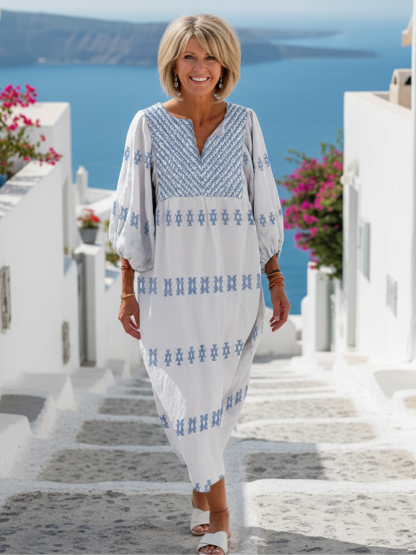 White Split Neck Geometric Embroidered Long Sleeve Boho Maxi Dress