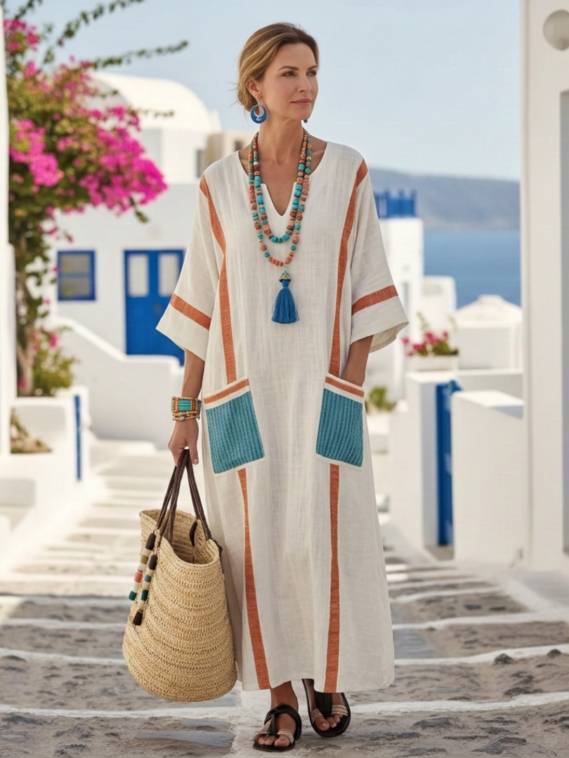 V-Neck Striped Trim Patch Pocket Linen Caftan Maxi Dress