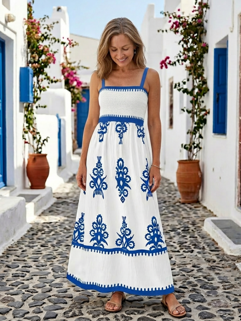 Square Neck Smocked Bodice Folk Print Strap A-Line Maxi Dress