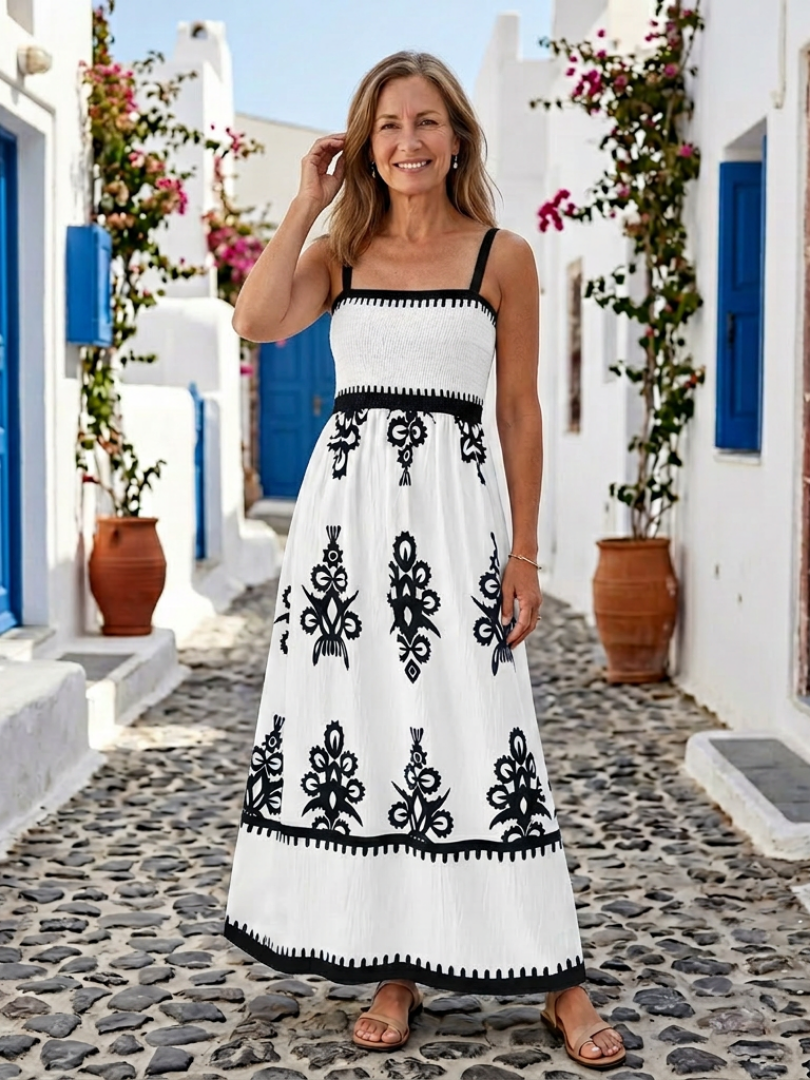 Square Neck Smocked Bodice Folk Print Strap A-Line Maxi Dress
