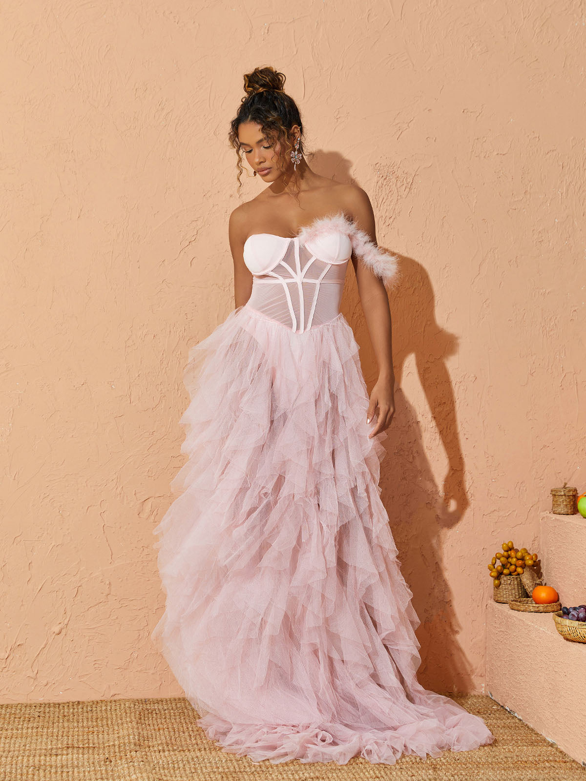 One Shoulder Feather Strap Corset Tiered Ruffle Tulle Maxi Dress