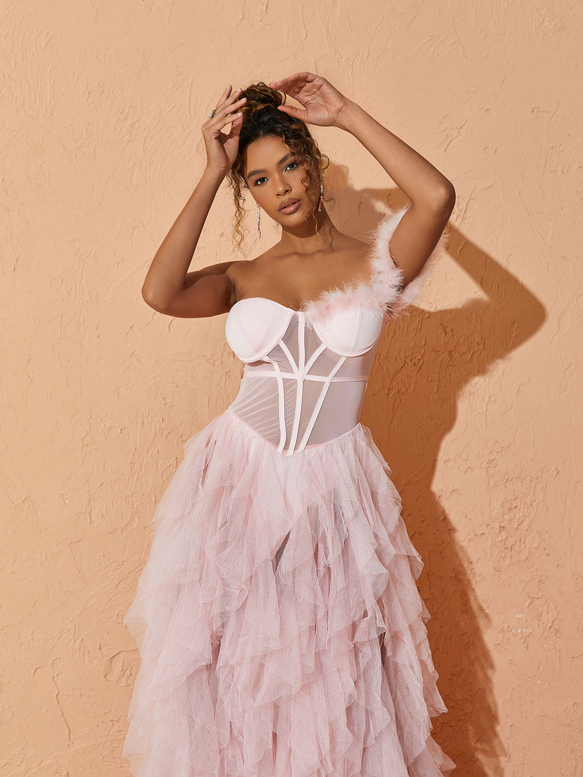One Shoulder Feather Strap Corset Tiered Ruffle Tulle Maxi Dress