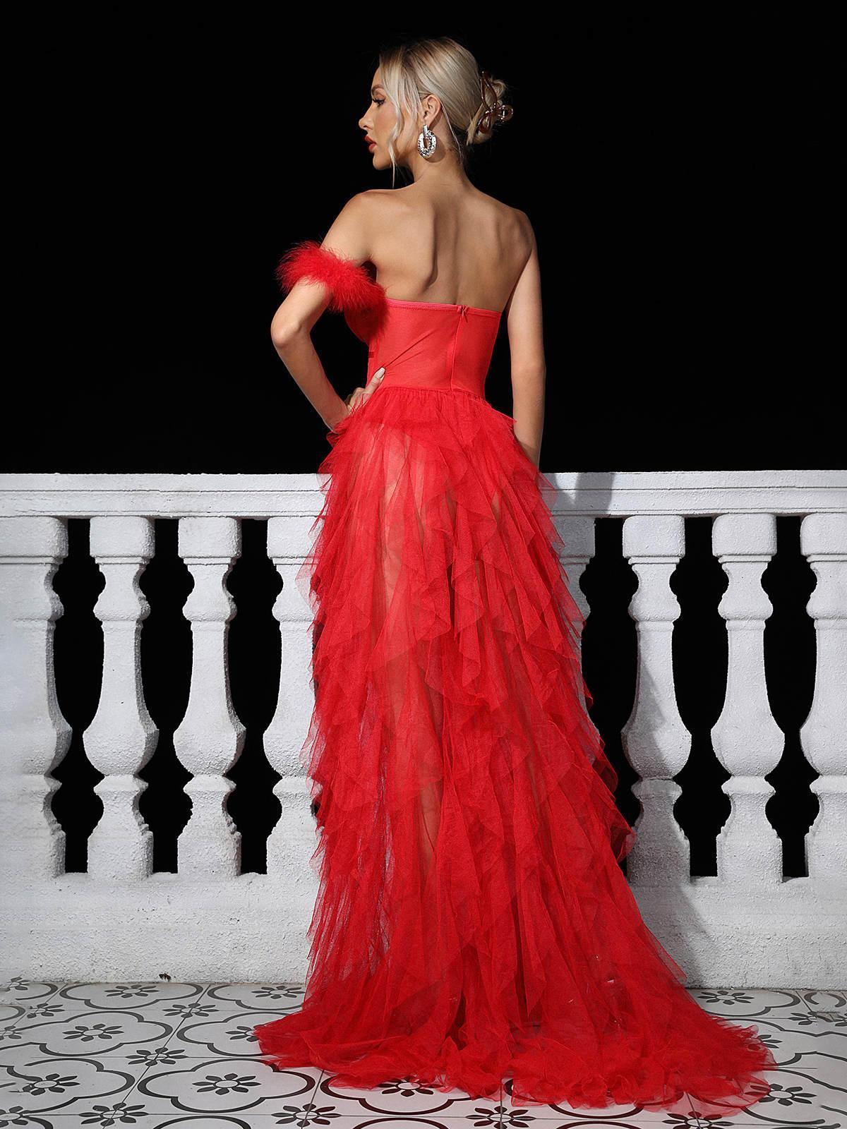 One Shoulder Tulle Maxi Dress In Red