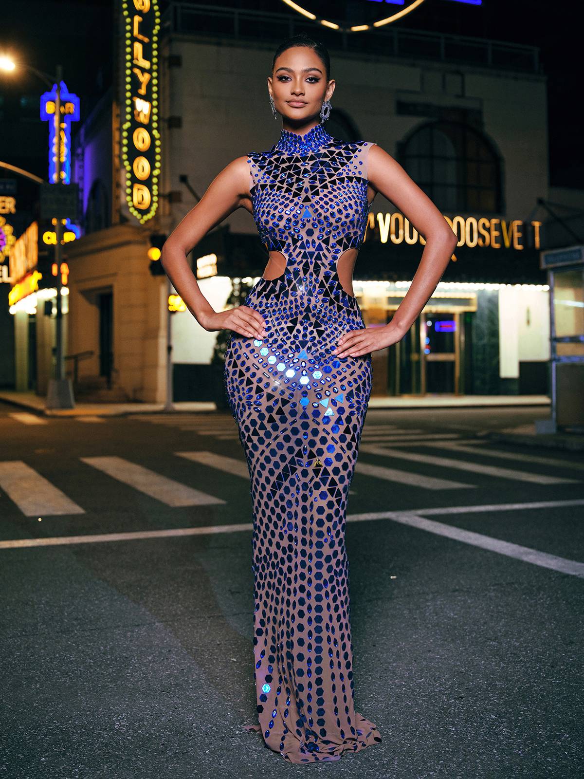High Neck Rhinestone Acrylic Maxi Dress