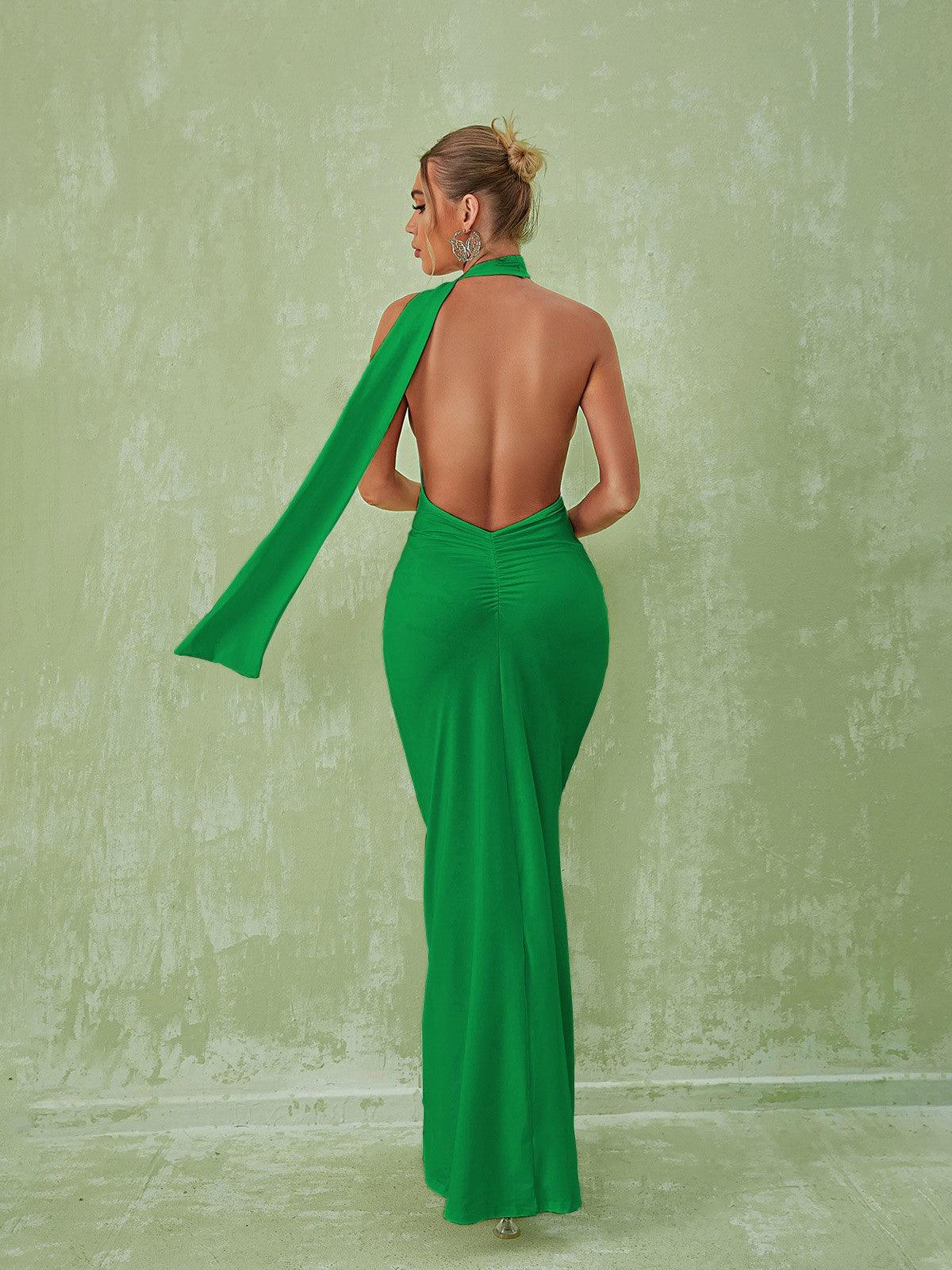 Halter Neck Backless Tie Back Draped Bodycon Maxi Dress