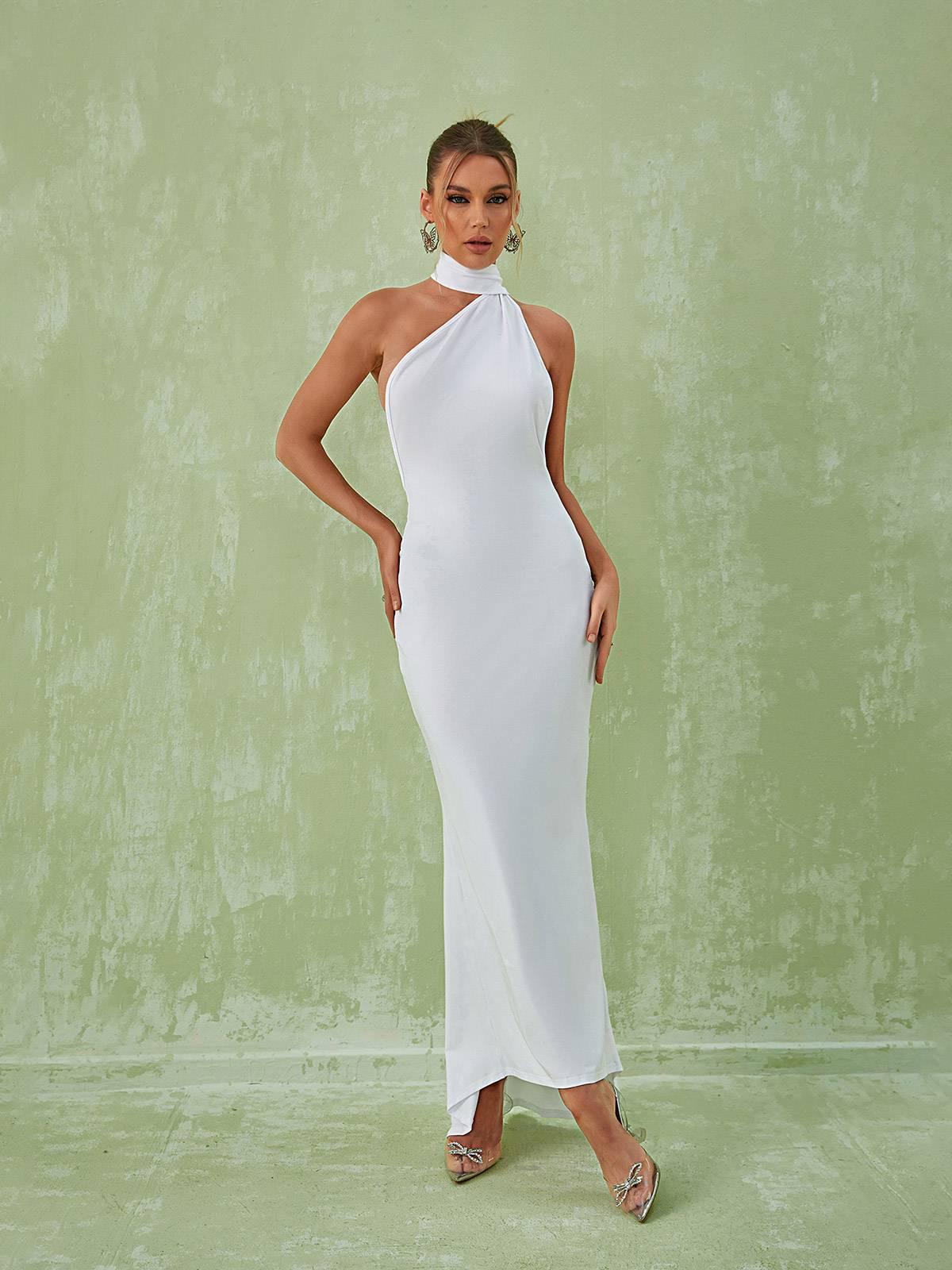 Halter Backless Draped Sash Mermaid Maxi Gown