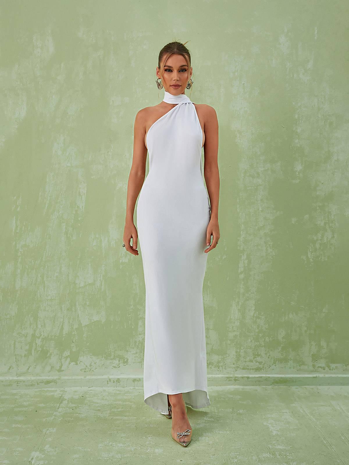 Halter Backless Draped Sash Mermaid Maxi Gown