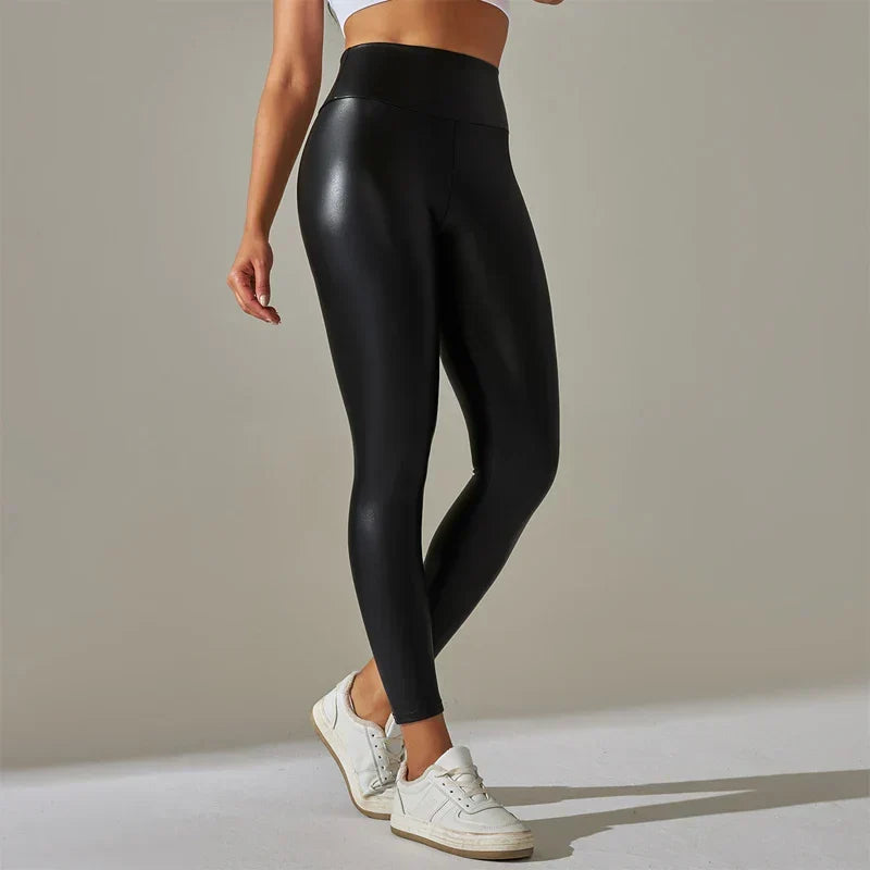 Trendy New Oversized High Waisted Tight Sexy PU Leather Yoga Pants Leggings