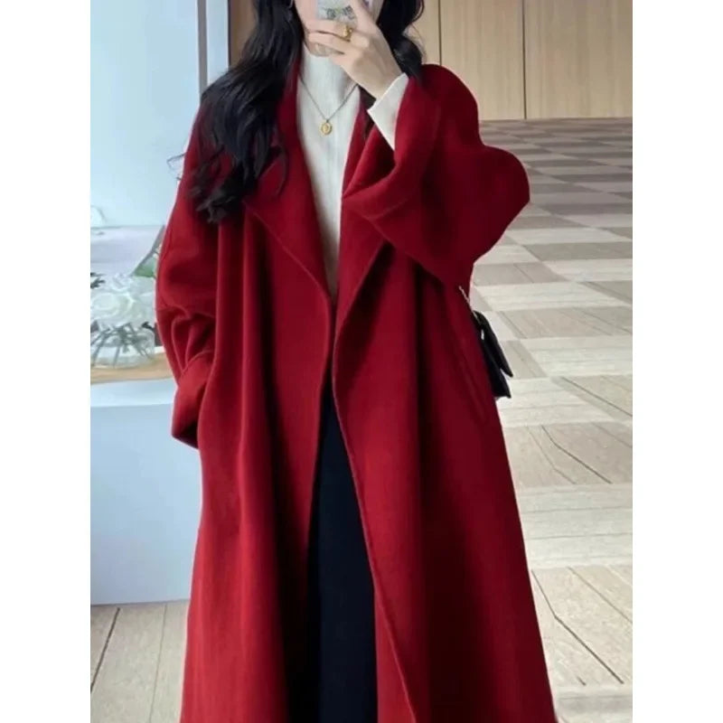 Trendy Red Loosefit Mediumlength Woolen Spring New Thickened Short Coat