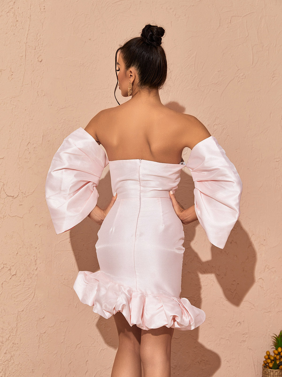 Off-Shoulder Puff Sleeve Satin Ruffle Hem Bodycon Mini Dress