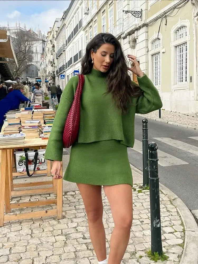 Turtleneck Long Sleeve Skirt Sweater green Skirt / S