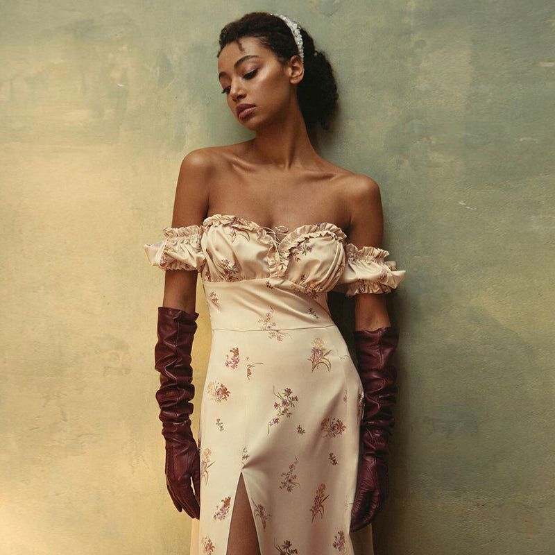 Off-Shoulder Puff Sleeve Floral Ruched Side Slit Midi Dress