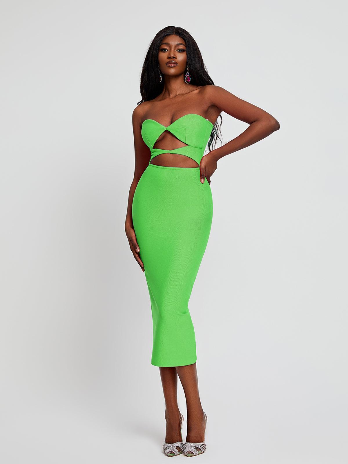 Strapless Sweetheart Cutout Waist Bandage Bodycon Midi Dress