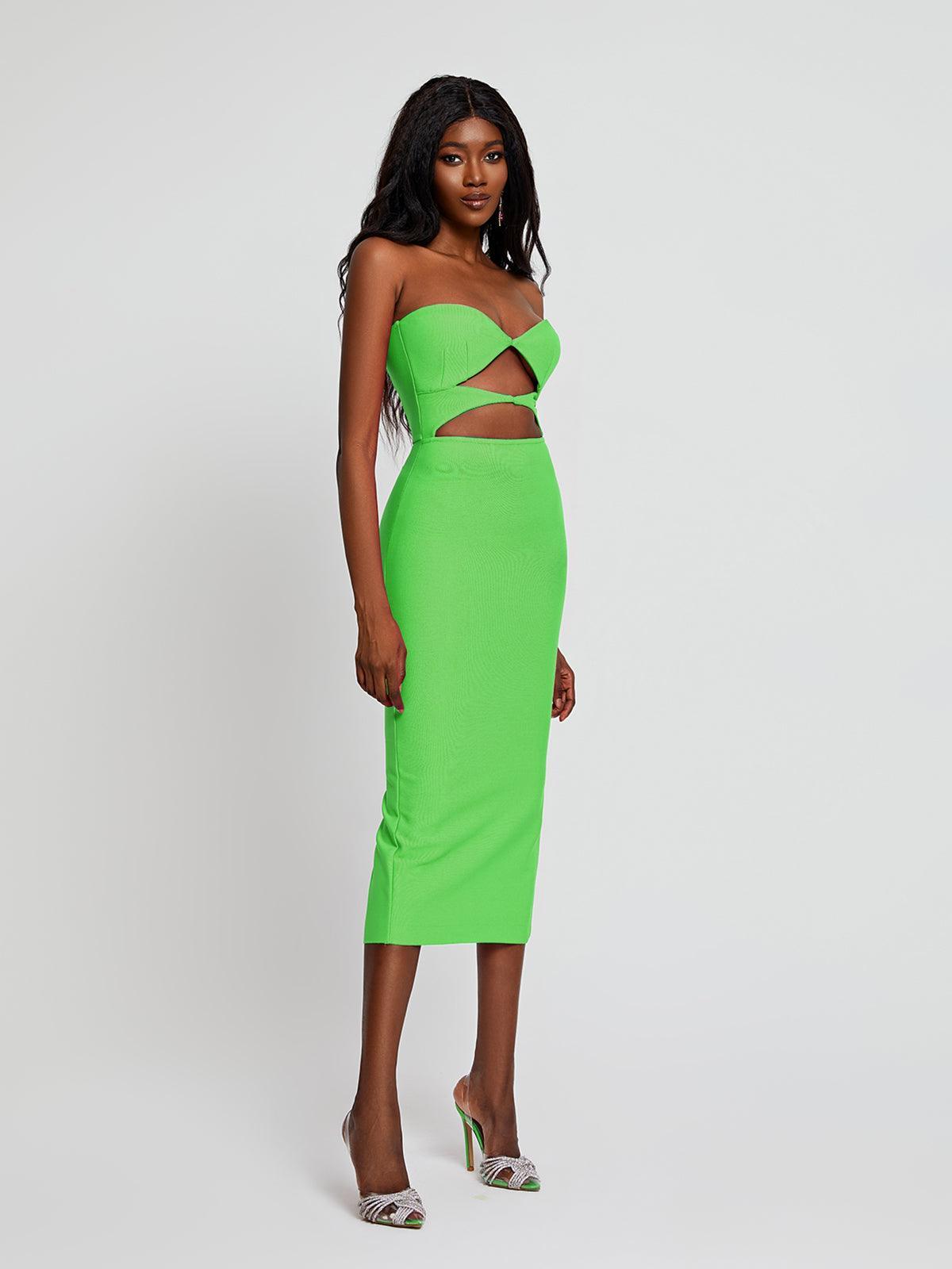 Strapless Sweetheart Cutout Waist Bandage Bodycon Midi Dress