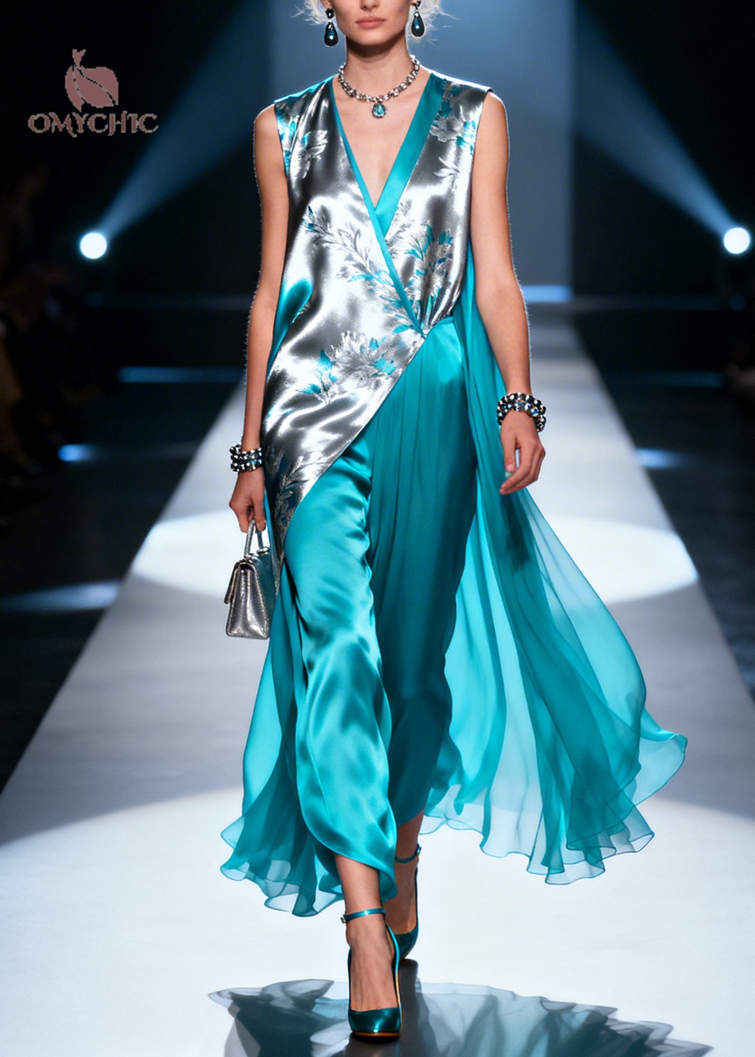 Unique Blue Asymmetrical Design Print Silk Long Dress Summer
