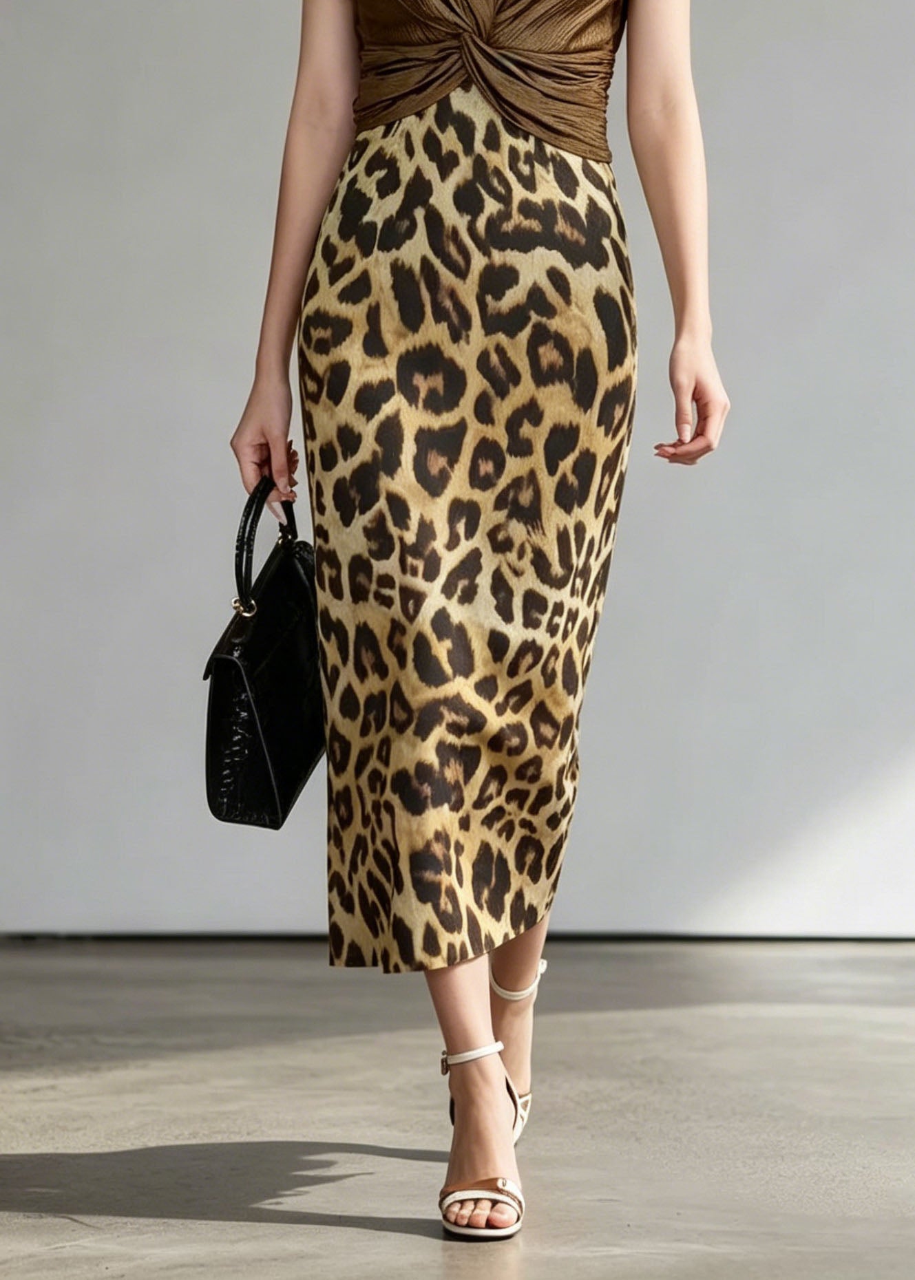 Unique Coffee Leopard Patchwork False Two Pieces Dress Summer