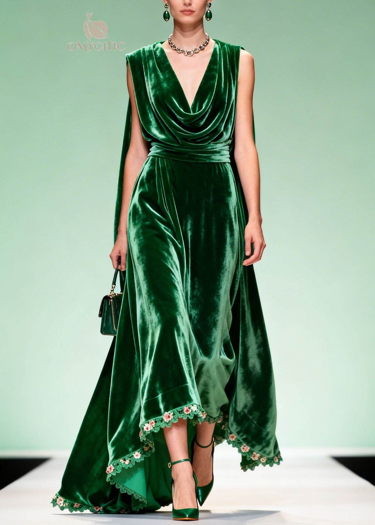 Unique Green Draped Neckline Floral Patchwork Velvet Dress Sleeveless