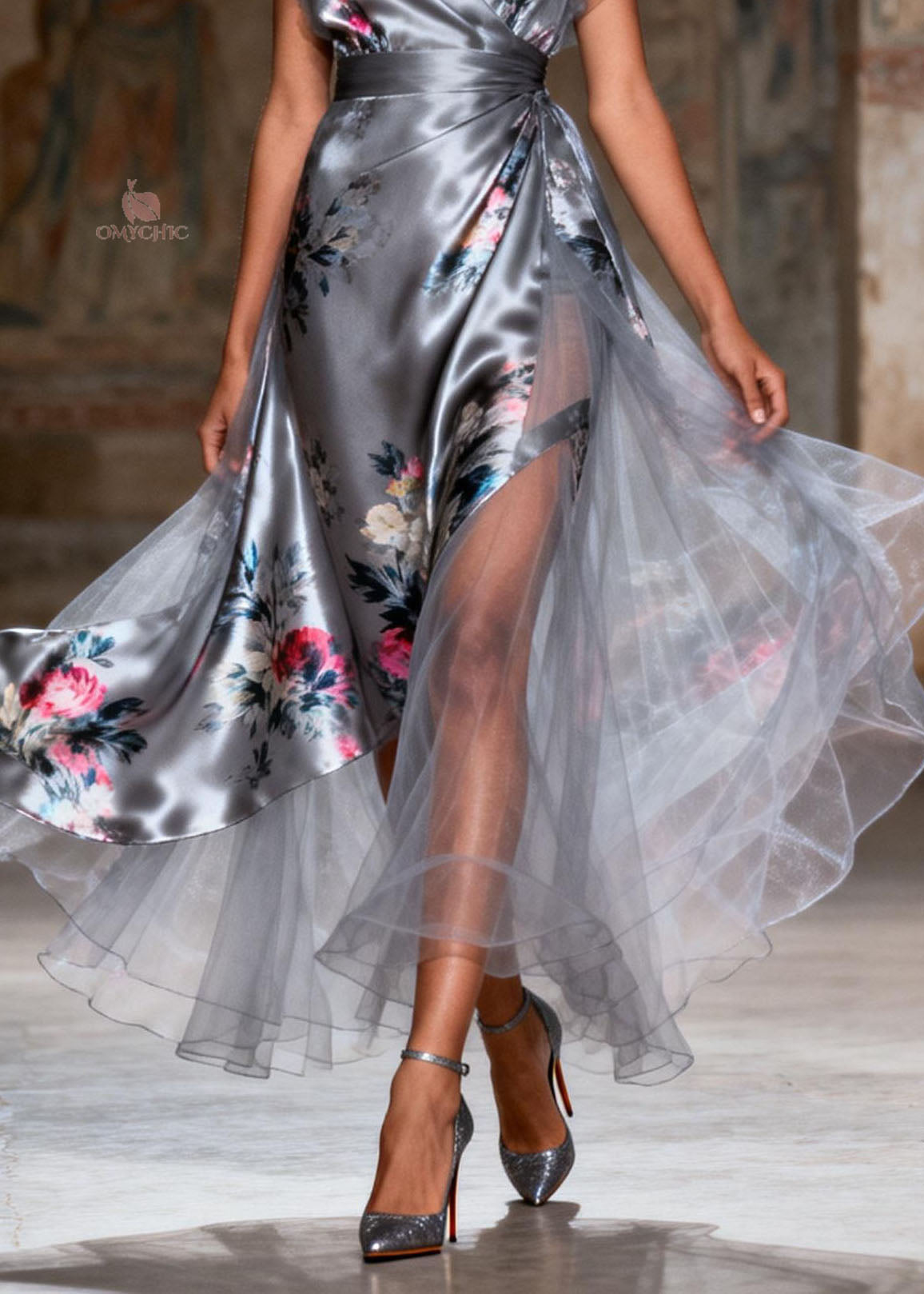 Unique Grey V Neck Print Patchwork Silk Dress Summer