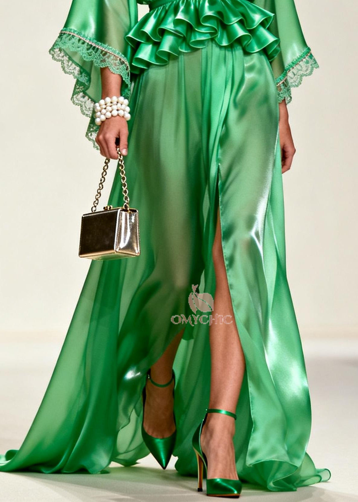 Unique Tea Green solid color Side Open Chiffon Party Dress Summer
