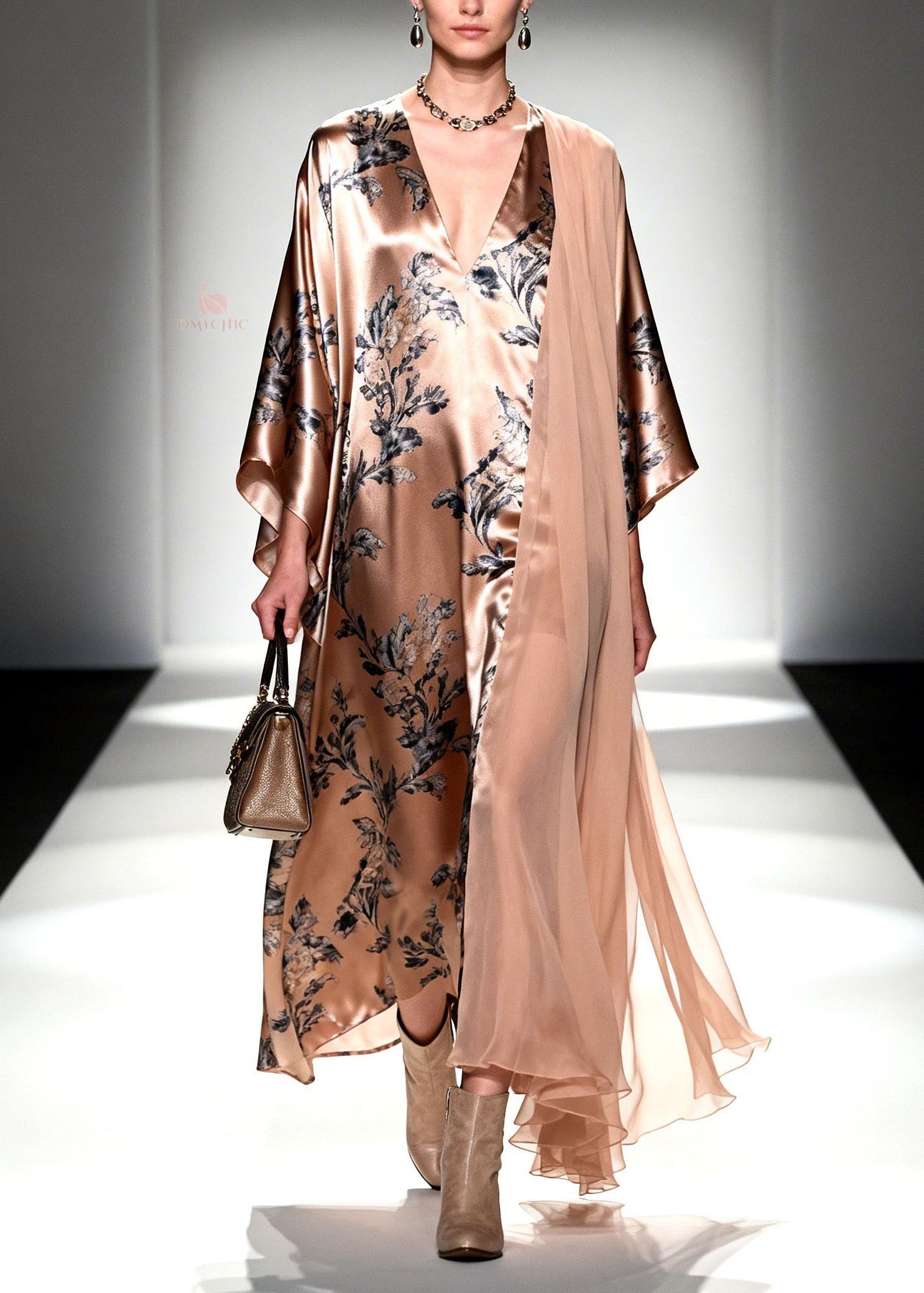 Unique V Neck Print Patchwork Silk Maxi Dresses Spring